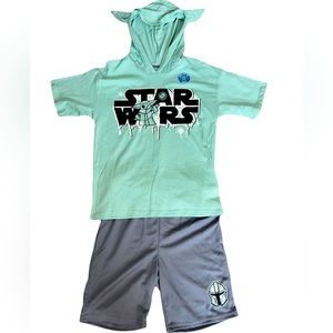 Kids Baby Yoda Green Hoodie W/ Yoda Ears & Gray Shorts NWT